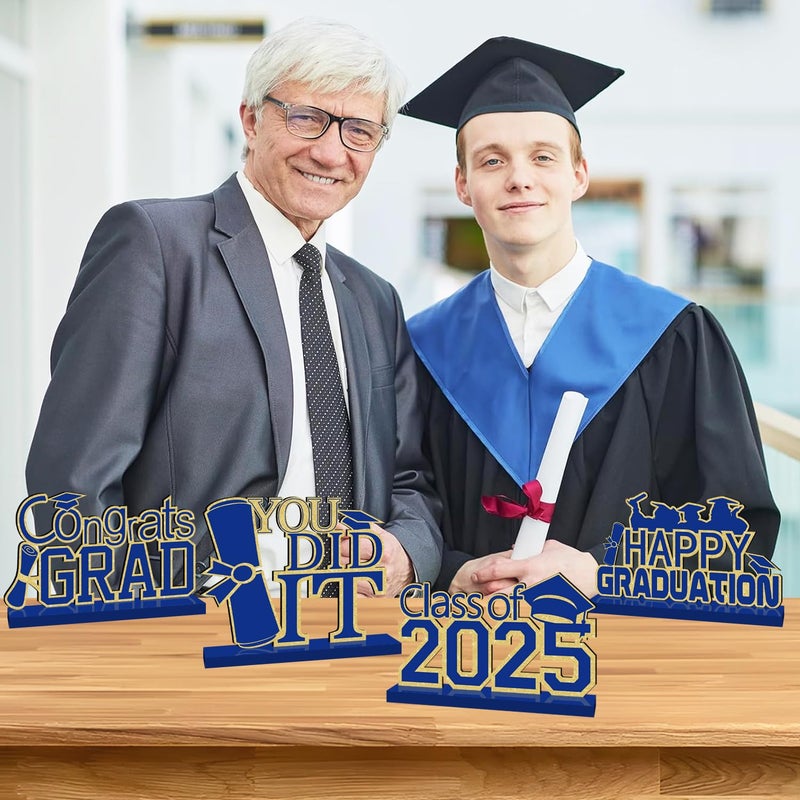 GINFTBRZGV 4 قطع ديكورات التخرج باللون الأزرق والذهبي فئة 2025 Congrats Grad قطع مركزية للطاولة الخشبية ديكورات طاولة التخرج لقطع مركزية التخرج - Image 2